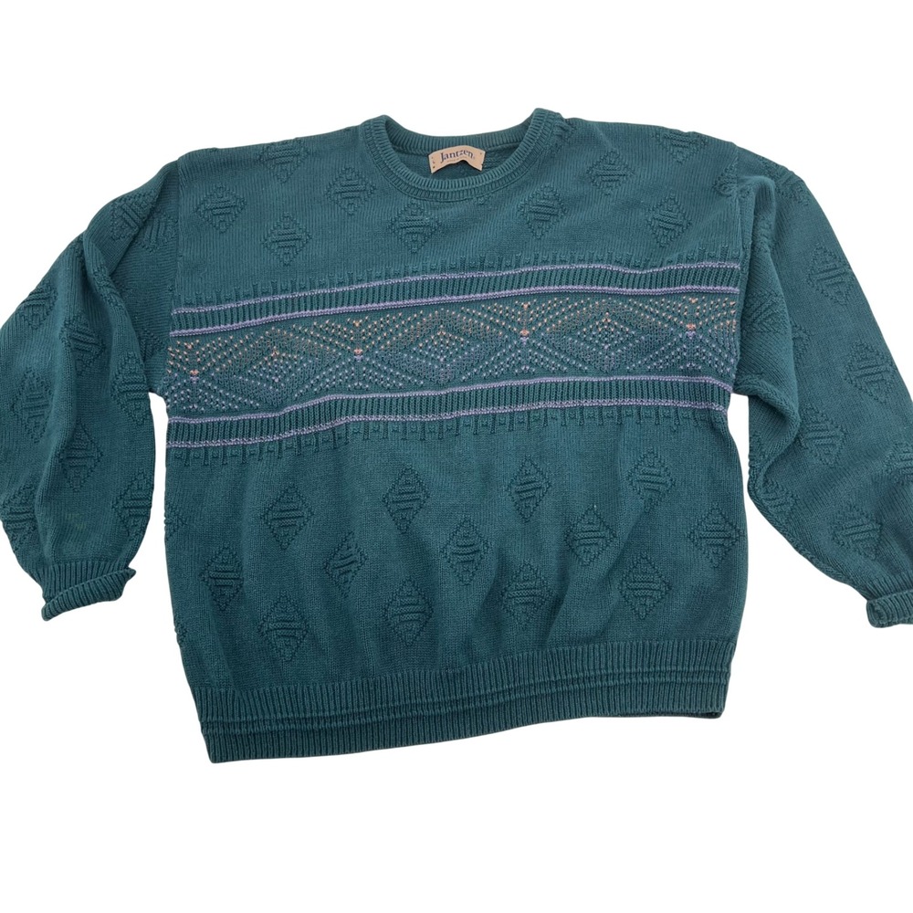 Vintage‎ Jantzen Mens Teal Green Textured Diamond Fair Isle Crewneck Sweater L